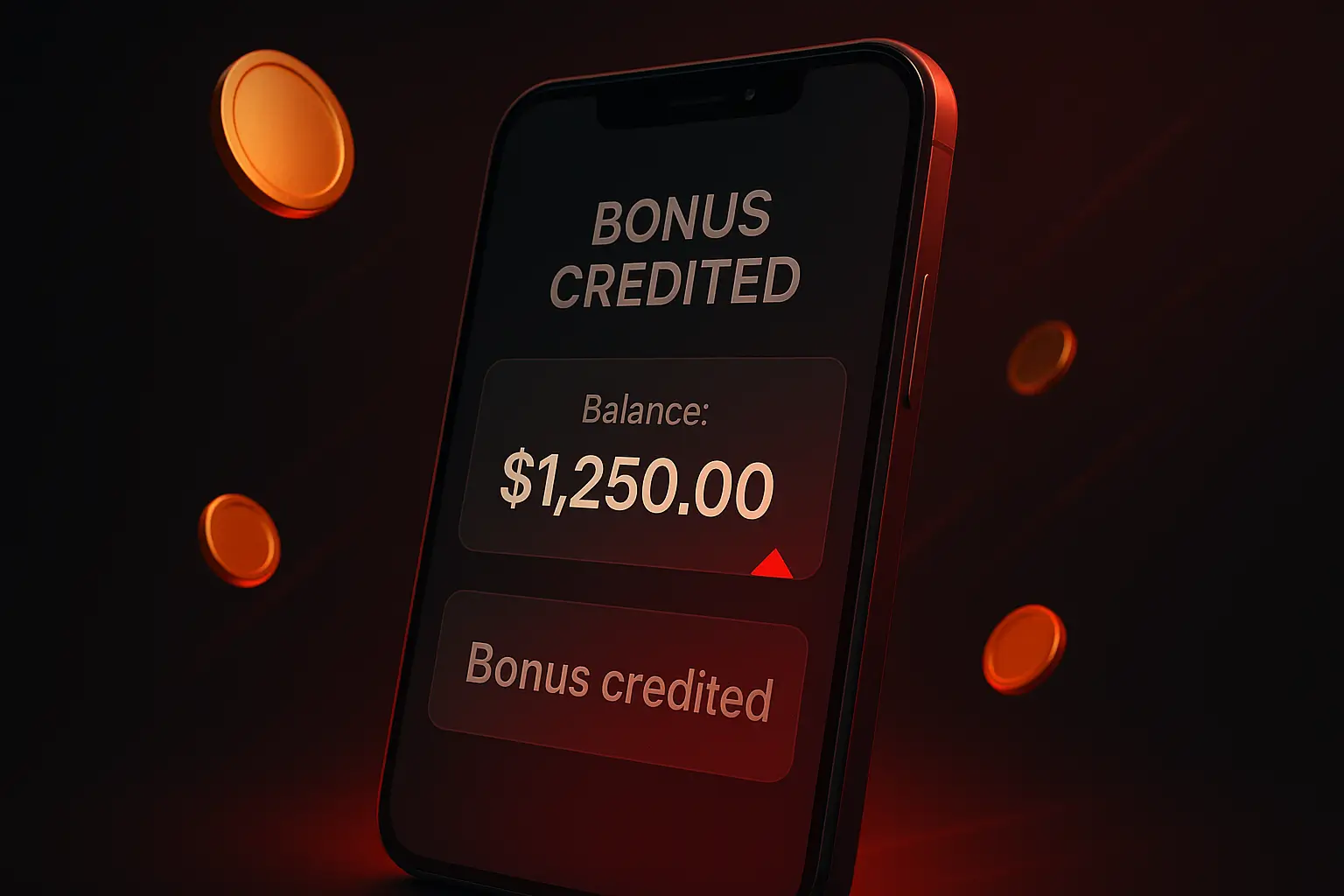 Generic wallet UI na may ‘bonus credited’ at pulang accent glow sa dark gradient background