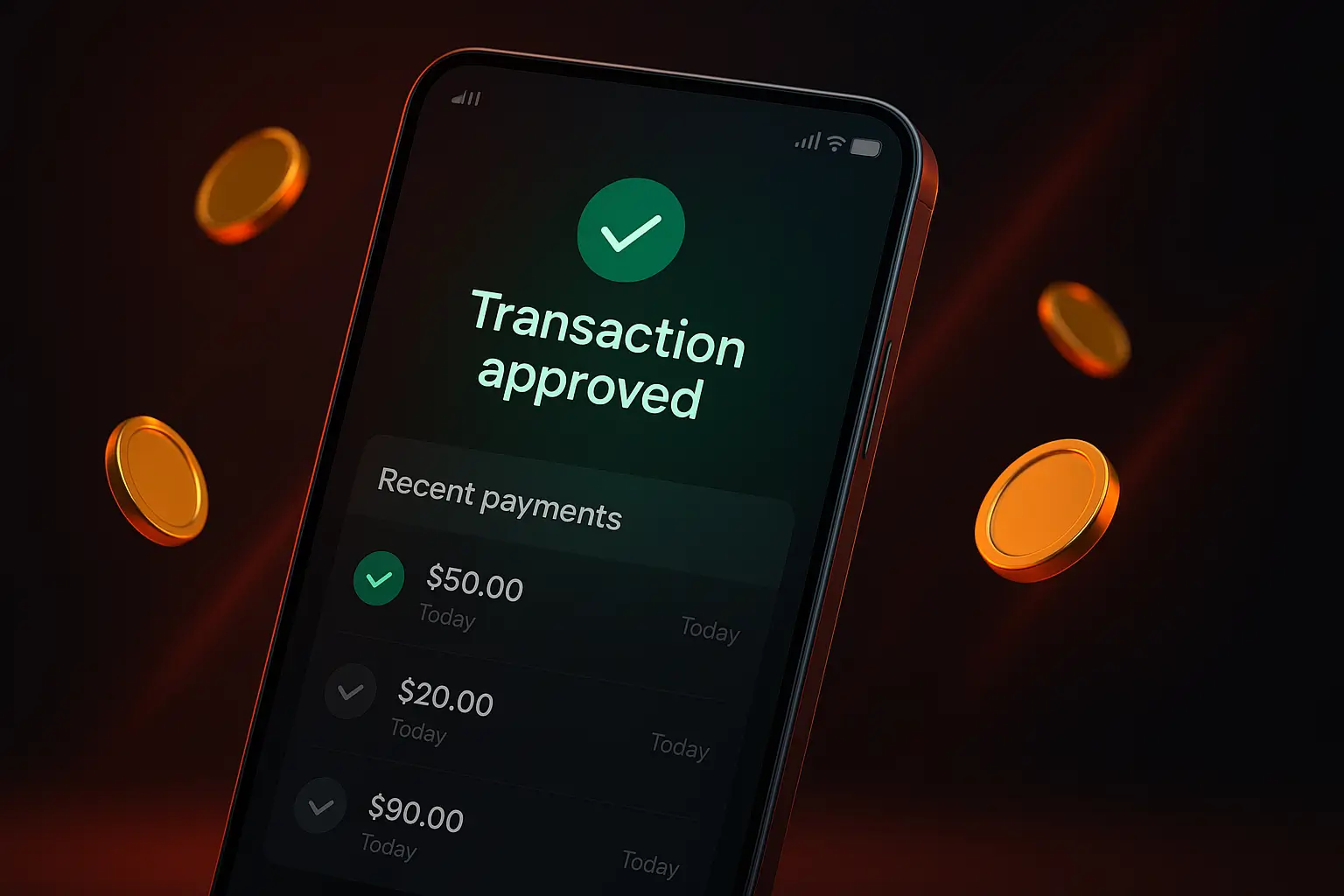 Smartphone wallet UI na kumpirmadong transaksyon at pulang accent para sa mabilis na cashout