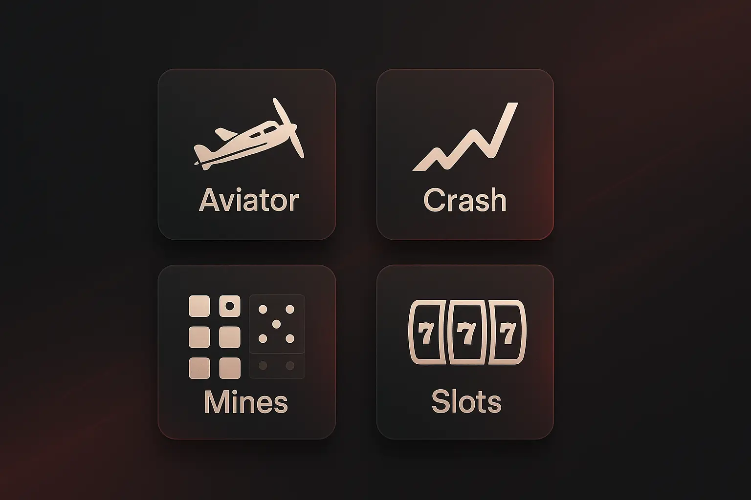 Abstract game tiles para sa Aviator, Crash, Mines, Slots na may red accent glow