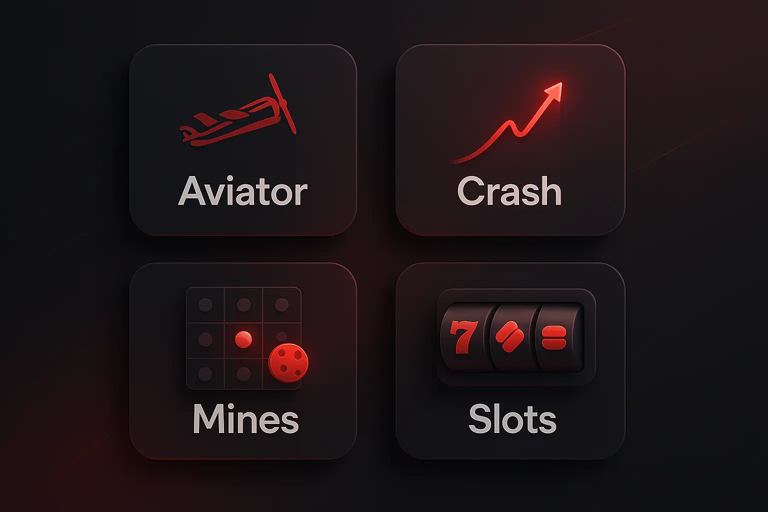 Abstract UI ng mga laro: Aviator, Crash, Mines at Slots sa dark premium background