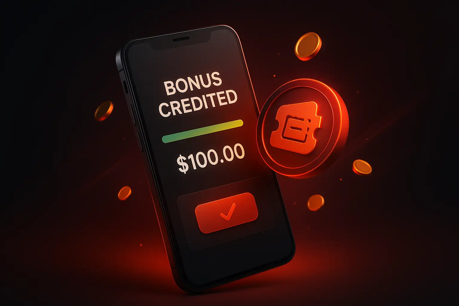 Promo banner: bonus credited sa generic wallet UI na may red glow at dark gradient background