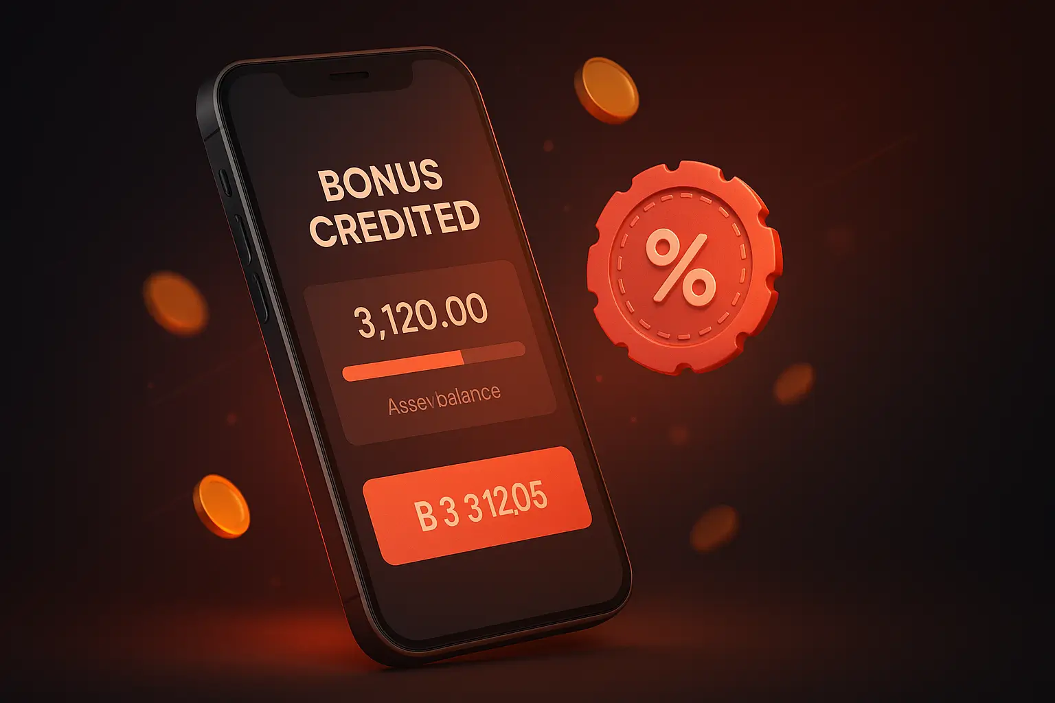 Promo: bonus credited sa generic wallet UI na may red glow at voucher chip