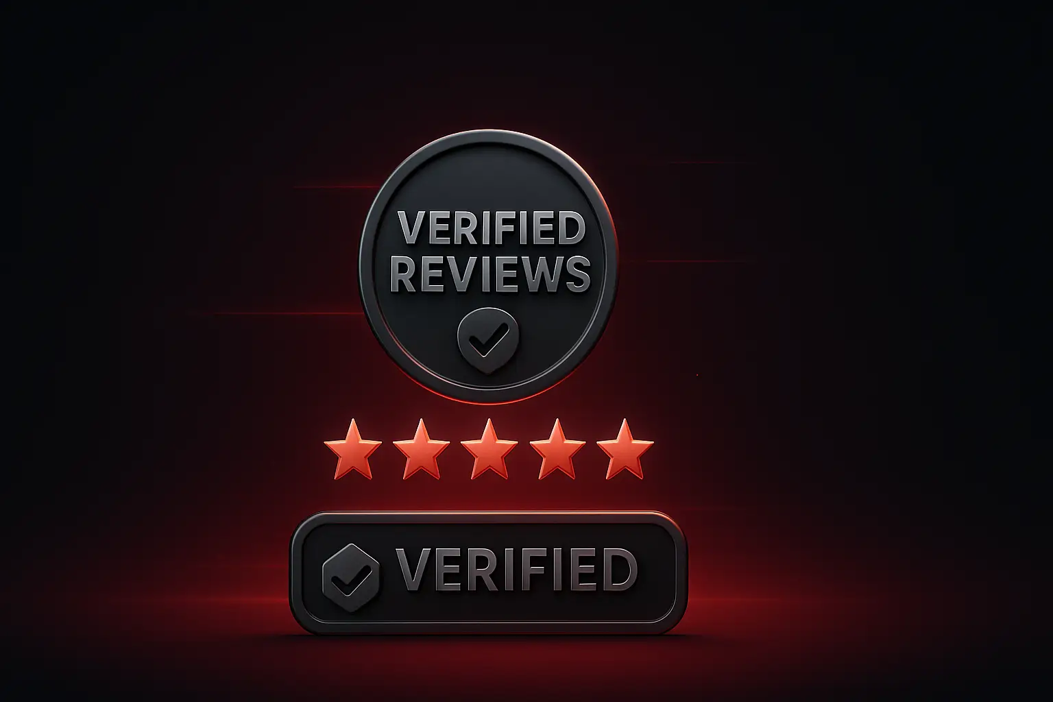Verified reviews banner with rating stars and secured badge on a dark premium background